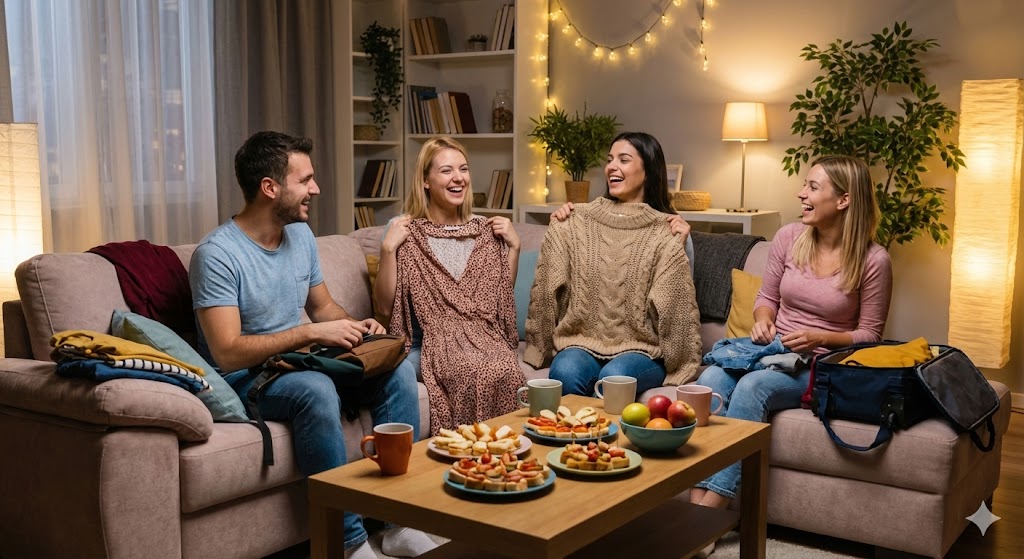 Друзья обмениваются одеждой на своп-вечеринке дома