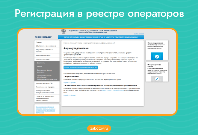 Реестр операторов персональных данных, форма уведомления