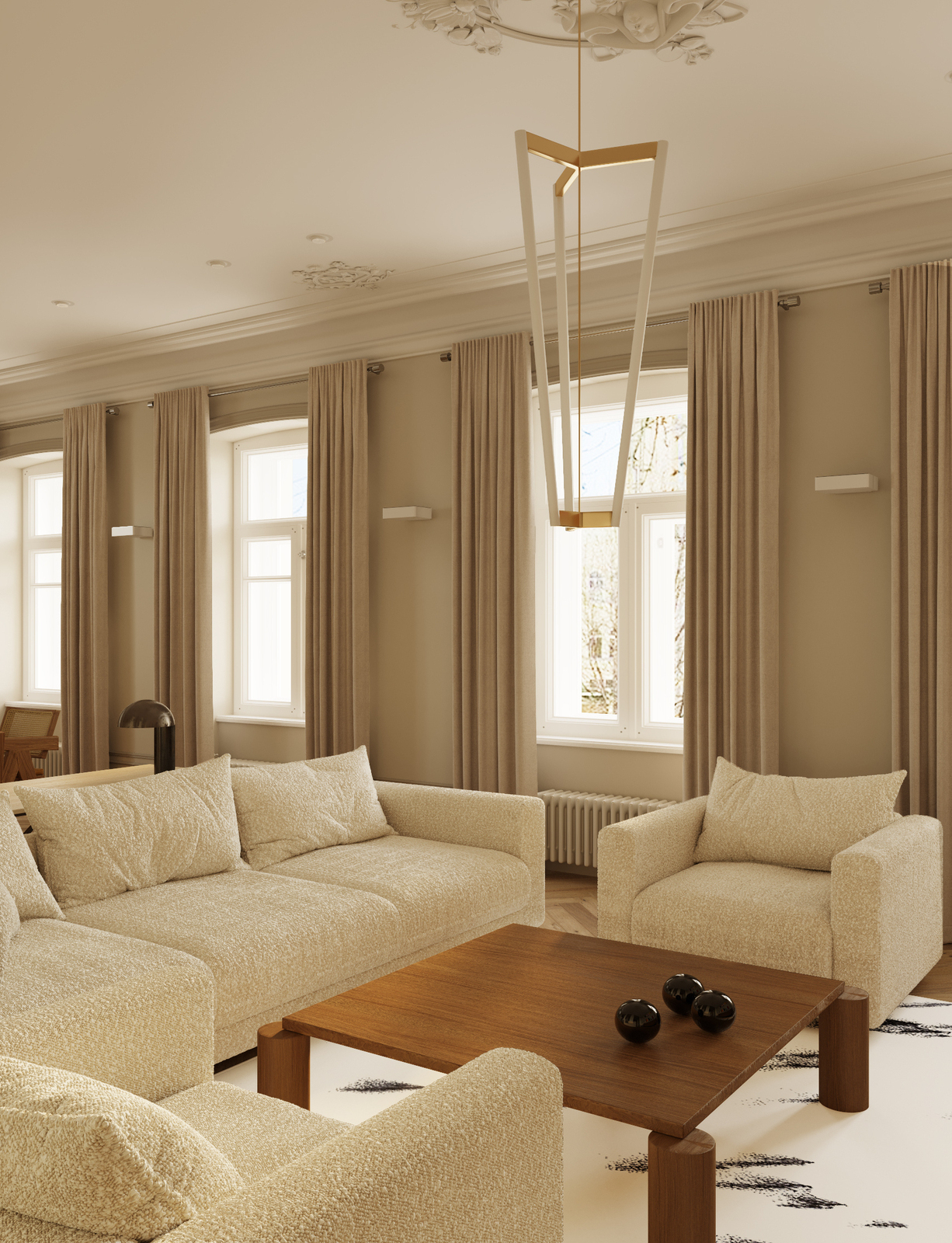 Светильник Michael Anastassiades, стол Ekaterina Fedorova Design, диван Meridiani в дизайн-проекте Екатерины Фёдоровой