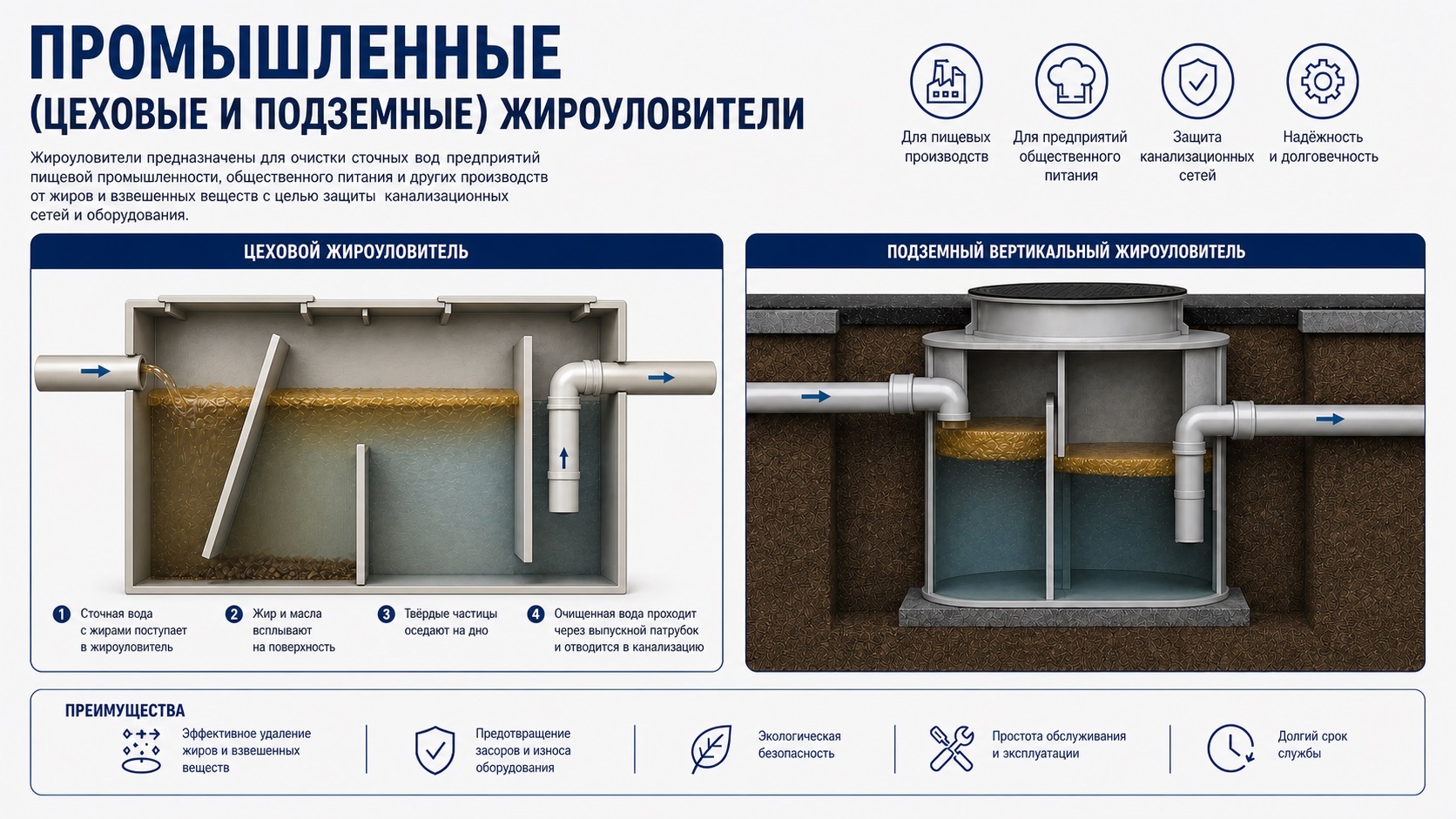 Сравнительная схема промышленных жироуловителей: цеховой напольный жироотделитель в разрезе и подземный вертикальный жироуловитель для предприятий общепита и пищевых производств.