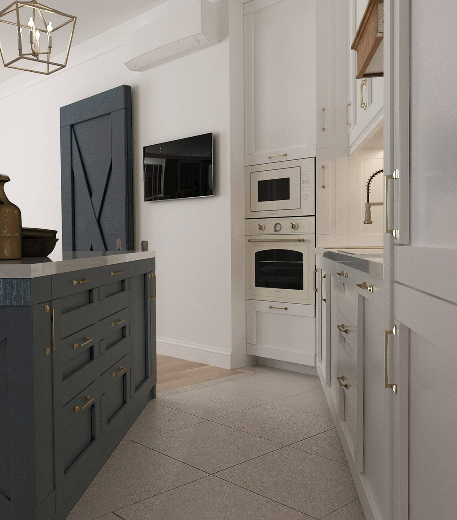серая плитка на полу, уложенная по диагонали, синий кухонный остров, белый кухонный гарнитур, синяя дверь-купе, белая духовка