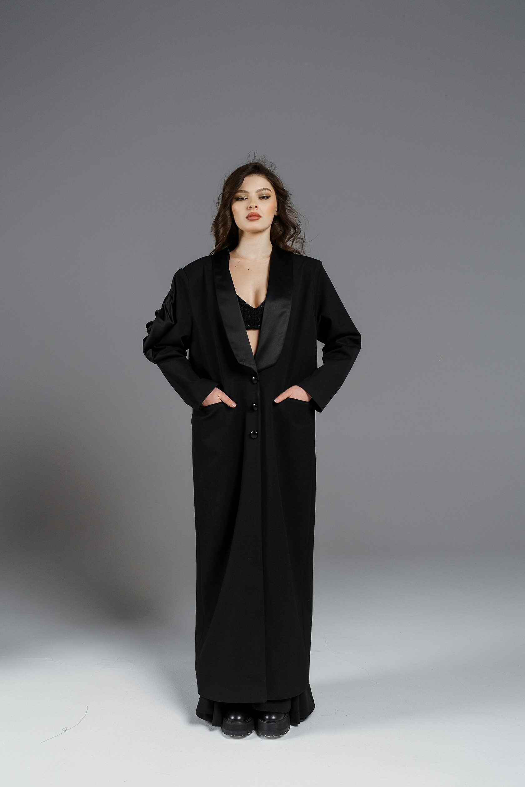 Черный Тренч-пиджак из костюмной ткани с атласными элементами