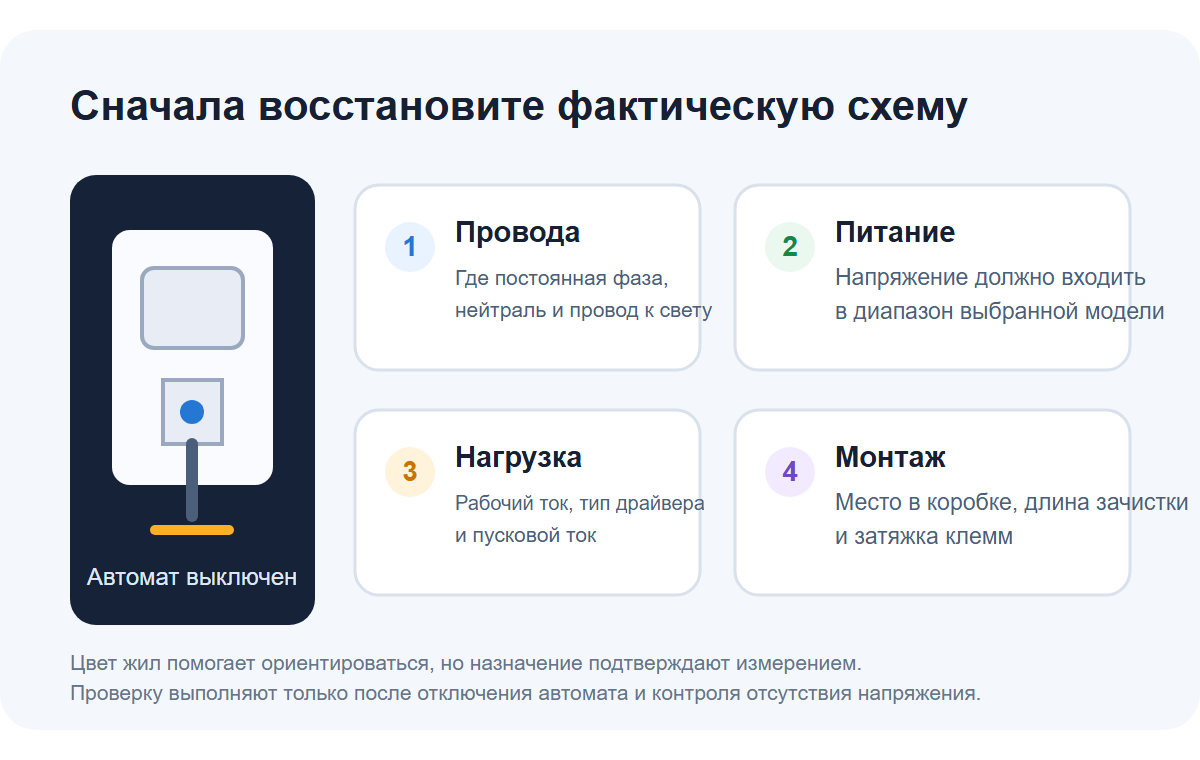 Проверка фактической схемы, питания, нагрузки и места до установки Shelly