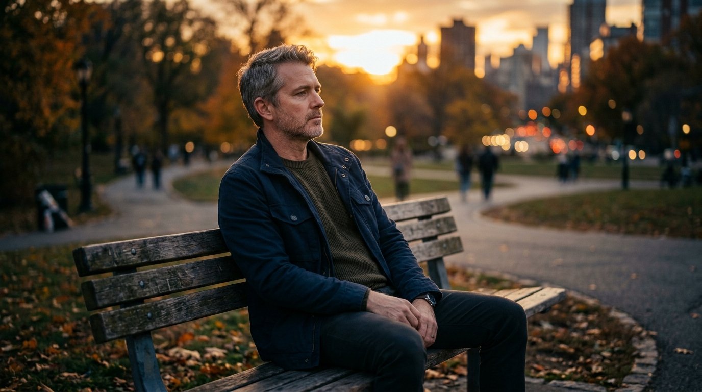 Мужчина средних лет сидит на скамейке в парке на закате и смотрит вдаль — иллюстрация к статье о кризисе среднего возраста у мужчин