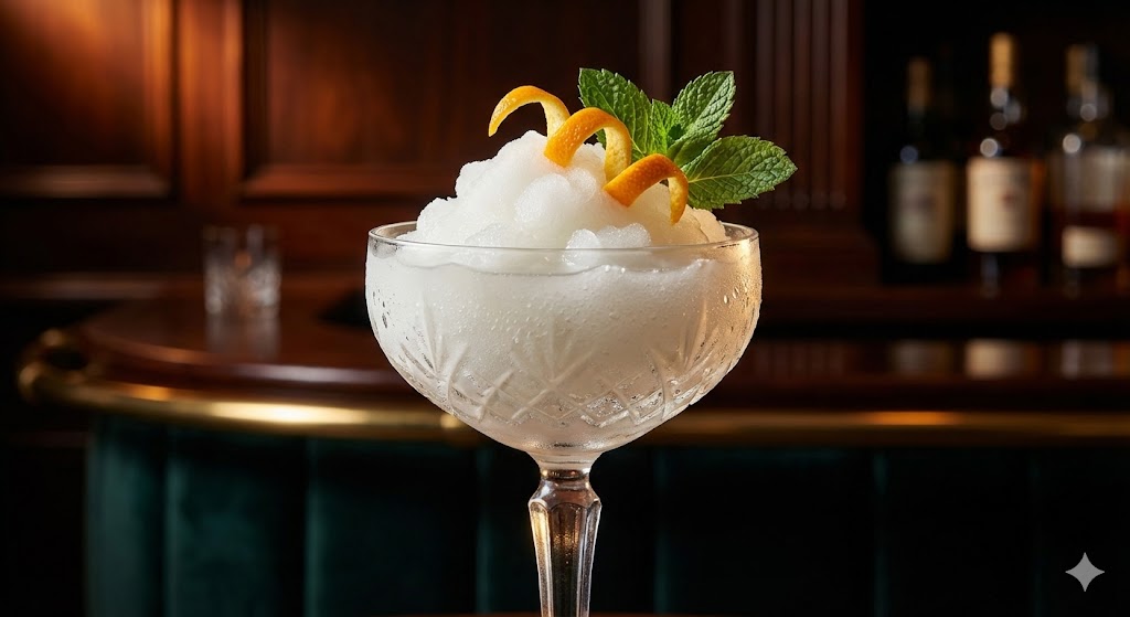 Пунш Ромен с ледяной крошкой в хрустальном бокале.