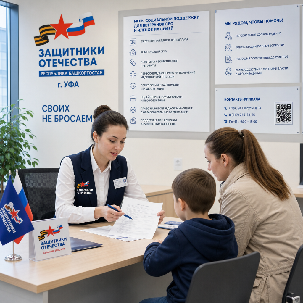 Сотрудники фонда «Защитники Отечества» в офисе в Уфе консультируют семью военнослужащего — за столом специалист объясняет документы, рядом сидит женщина с ребёнком, на стене информационные стенды с перечнем льгот