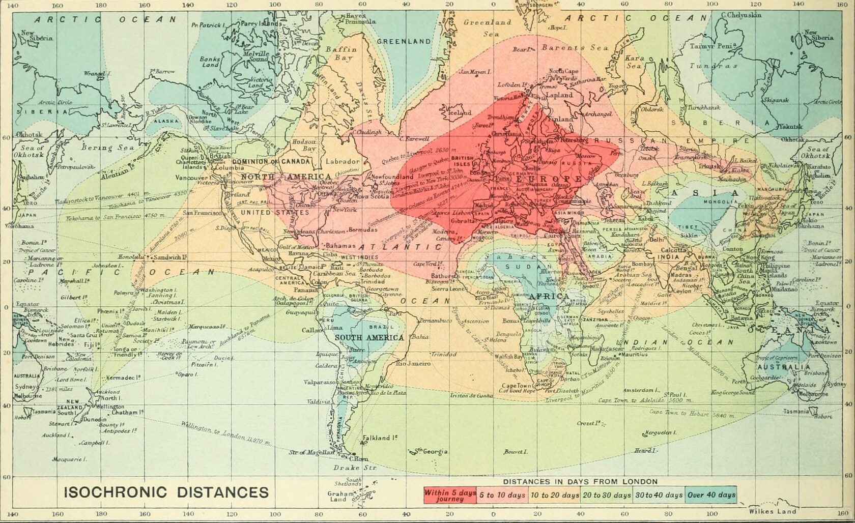 J.G. Bartholomew's second isochrone map of the world, from 1914.