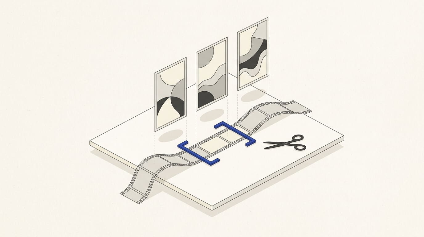A long film strip on an editing bench divides into three separate vertical video frames.