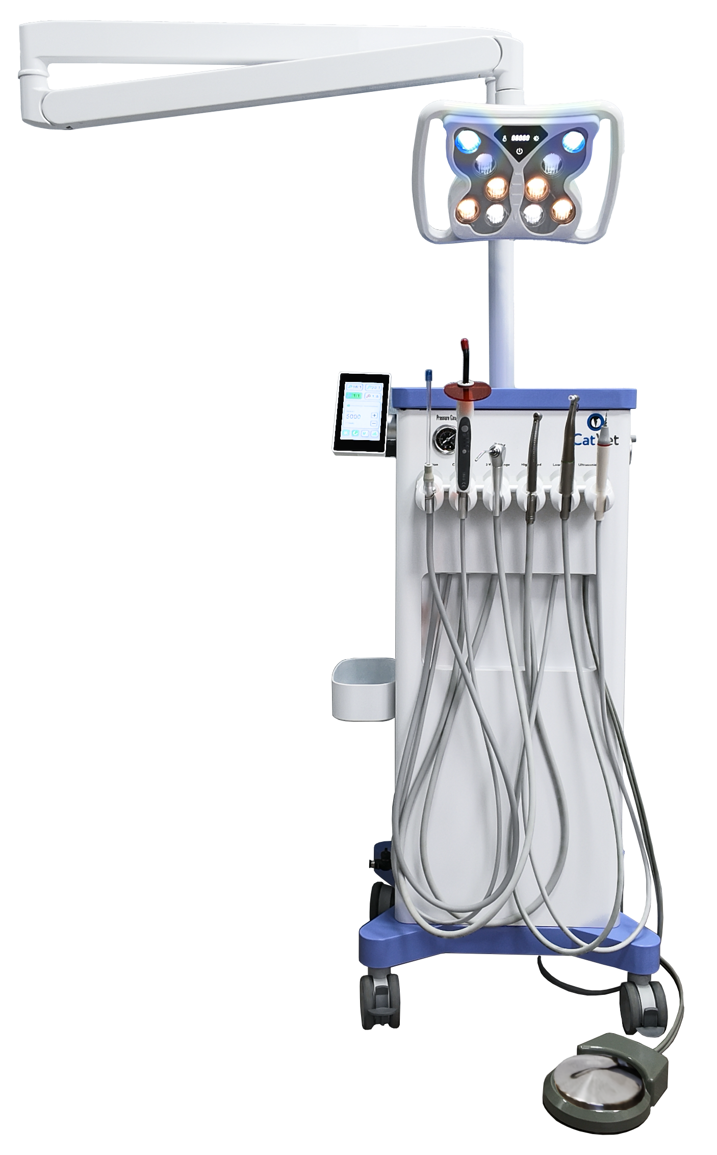 Стоматологическая установка CatVet Professional с хирургической светодиодной лампой, вынесенной на консоль над рабочим полем