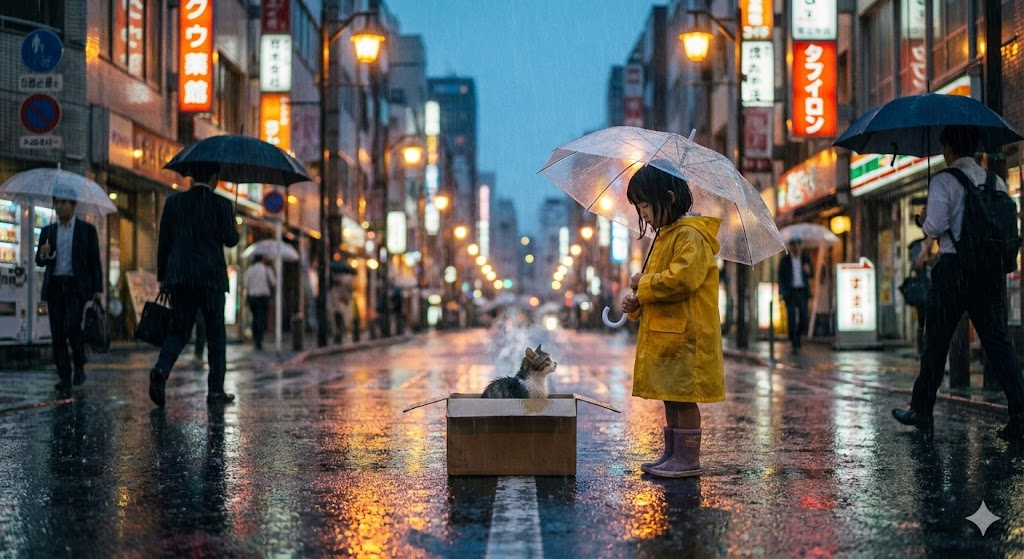 Человек укрывает бездомного котенка зонтом на дождливой улице