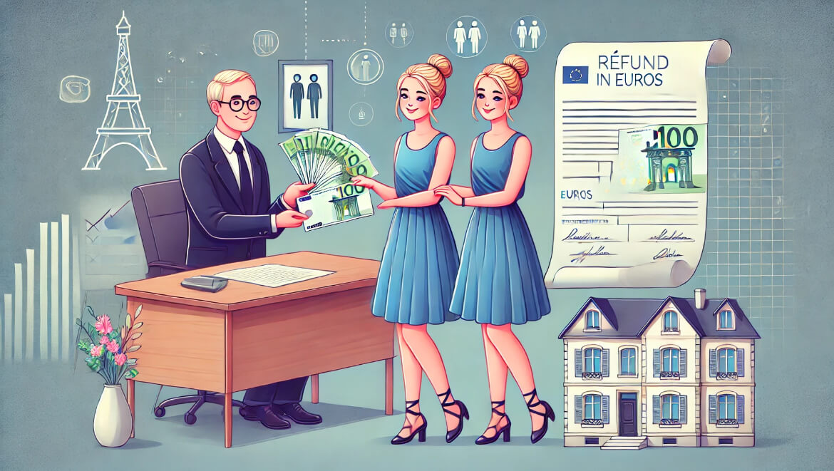 две сестры счастливо получают налоговый возврат в евро от представителя французской налоговой службы. Сцена происходит в современном офисе, где чиновник в деловом костюме передает чек или наличные. На заднем плане — символы недвижимости, включая небольшие