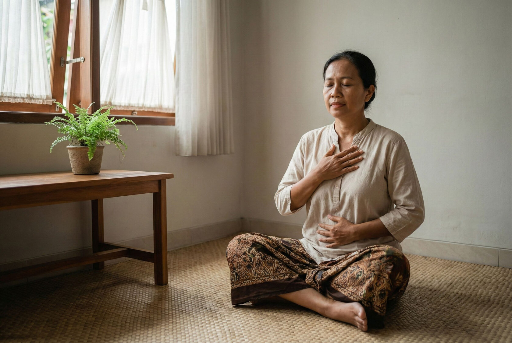 Perempuan duduk di lantai rumah sambil melakukan latihan pernapasan untuk menurunkan stres dan menenangkan tubuh