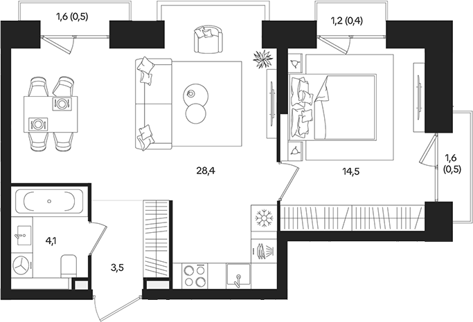 2‑комн евро‑квартира ~53 м²