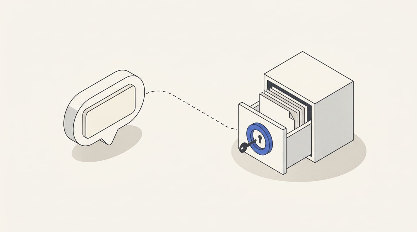 A short message bubble connects to documents in a locked drawer.