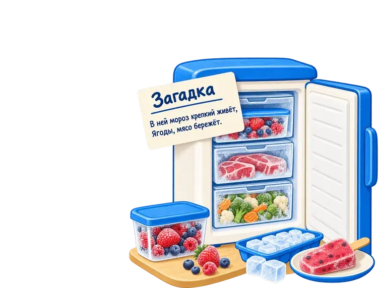 Открытая морозилка с ягодами, овощами и кубиками льда и записка-загадка для домашнего квеста