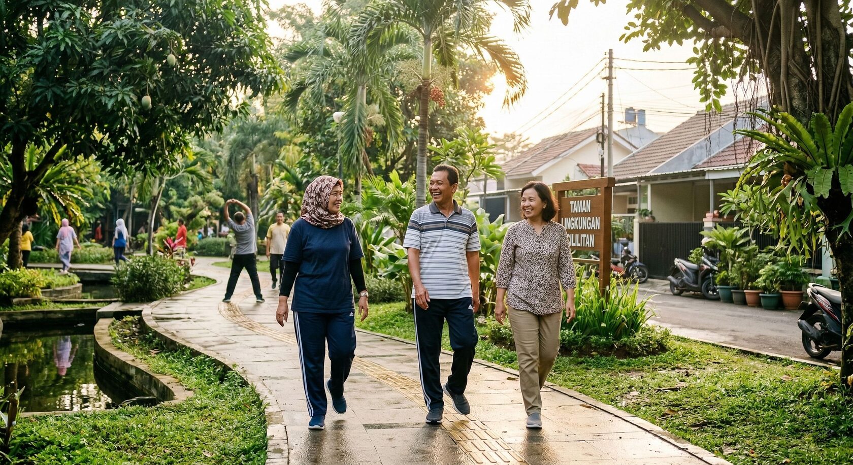 Warga berjalan santai di taman lingkungan pada pagi hari sebagai ilustrasi aktivitas fisik ringan untuk membantu kesehatan mental