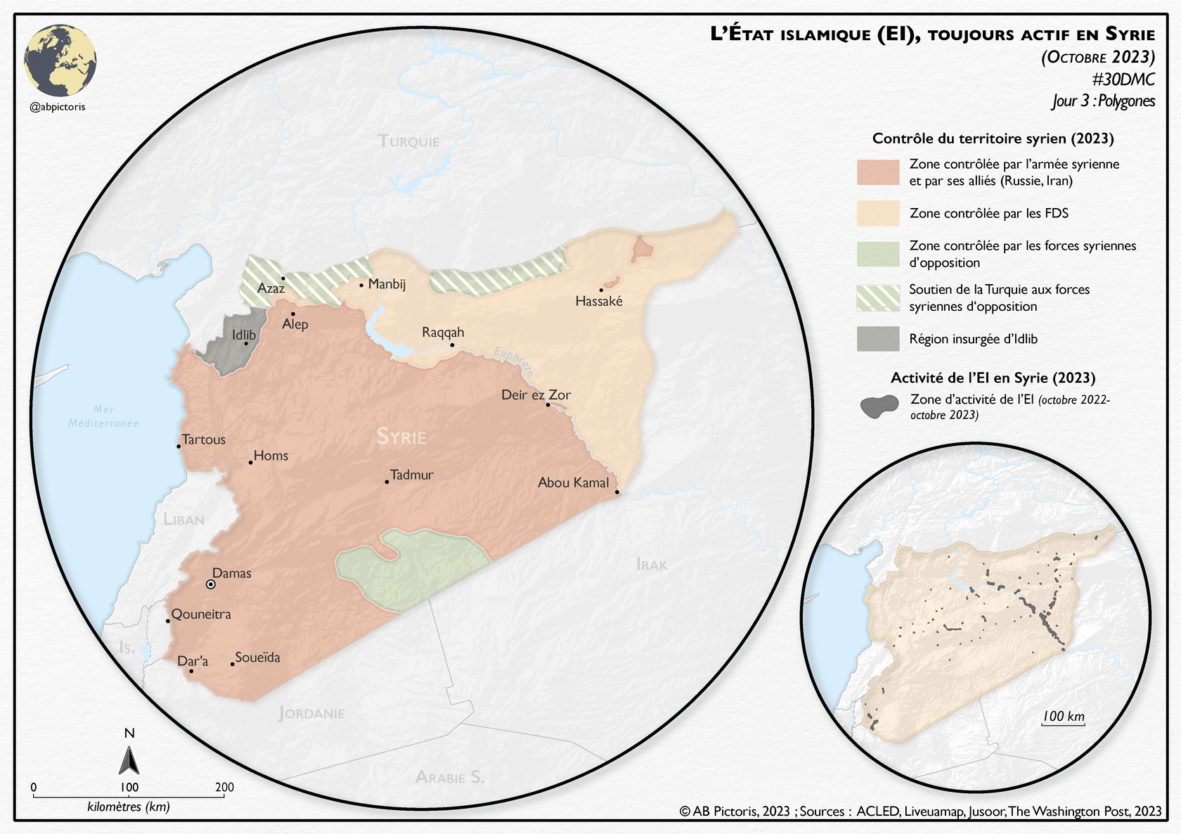 Carte actuelle de la répartition territoriale en Syrie en 2023, montrant les zones d'influence de l'armée syrienne, des Forces démocratiques syriennes (FDS), des zones contrôlées par l'opposition soutenue par la Turquie, la région d'Idlib et les activités