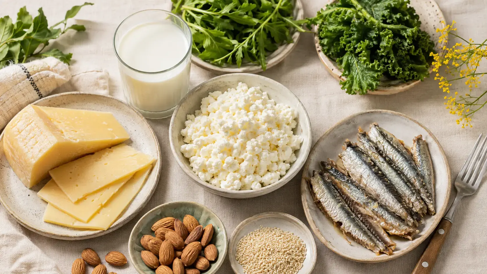 Продукты — источники кальция: сыр, творог, молоко, сардины, зелень, миндаль и кунжут