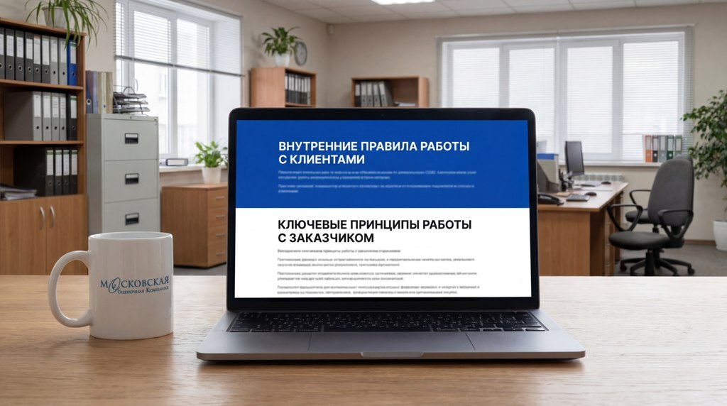 На столе ноутбук, на экране текст "Правила работы".