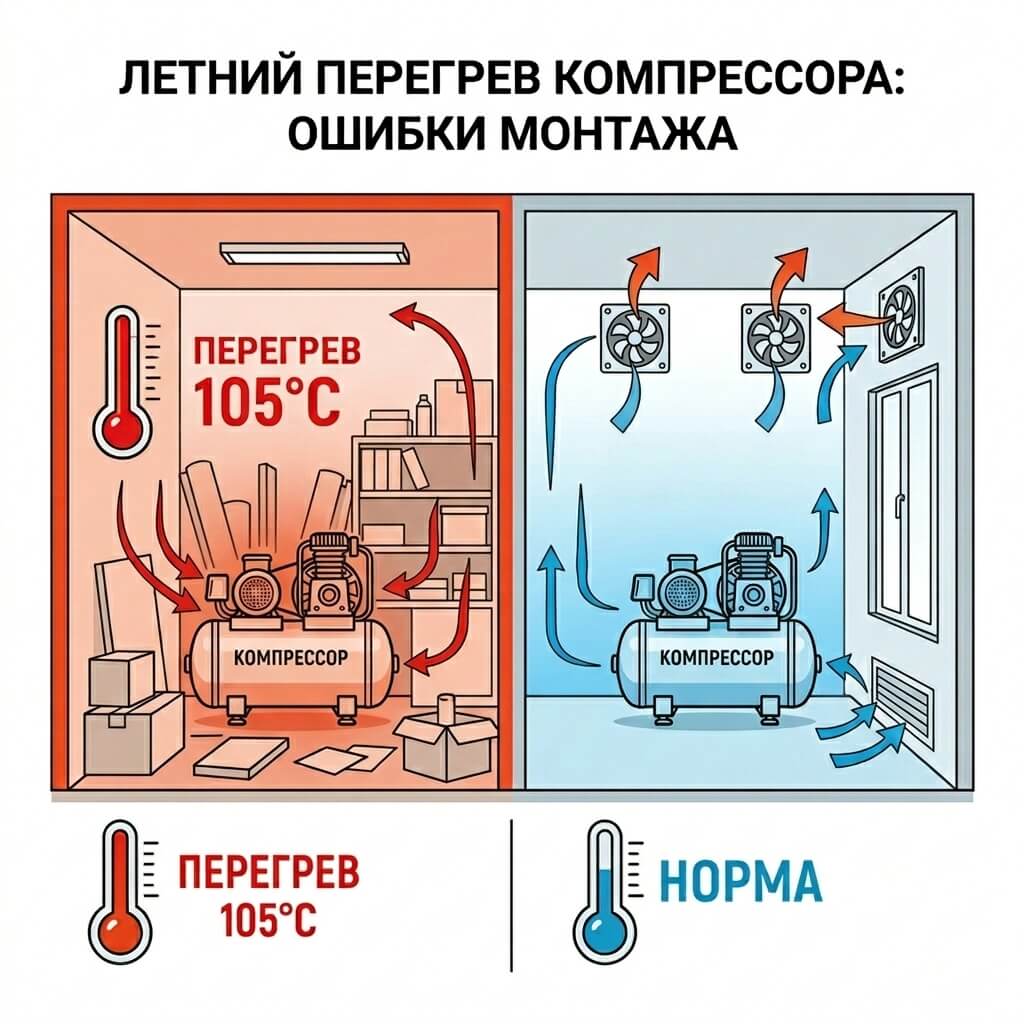 Схема правильной вентиляции компрессорной: приток холодного воздуха снизу, отвод горячего сверху