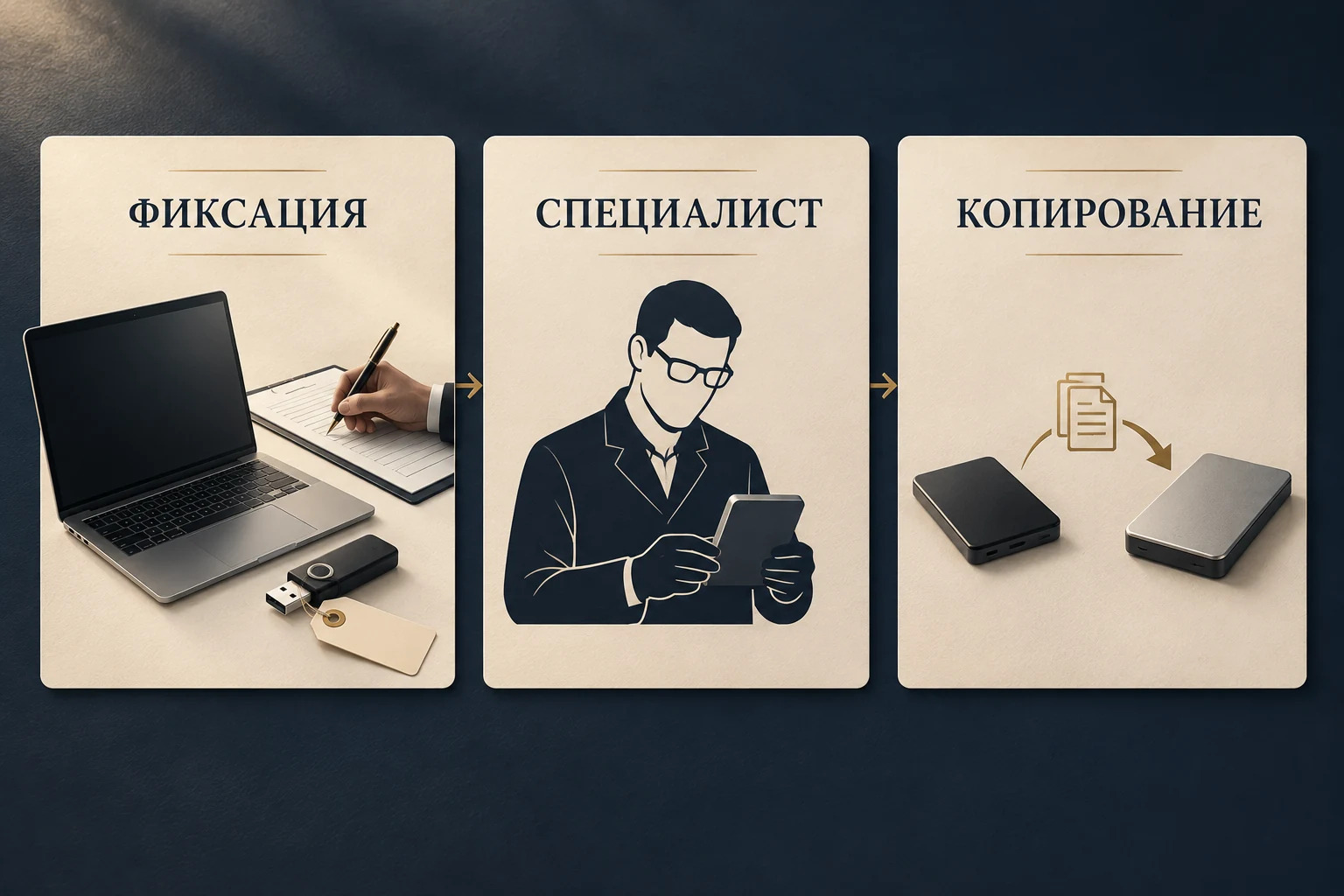 Концептуальная схема обращения с электронным носителем: фиксация устройства, участие специалиста и возможное копирование данных