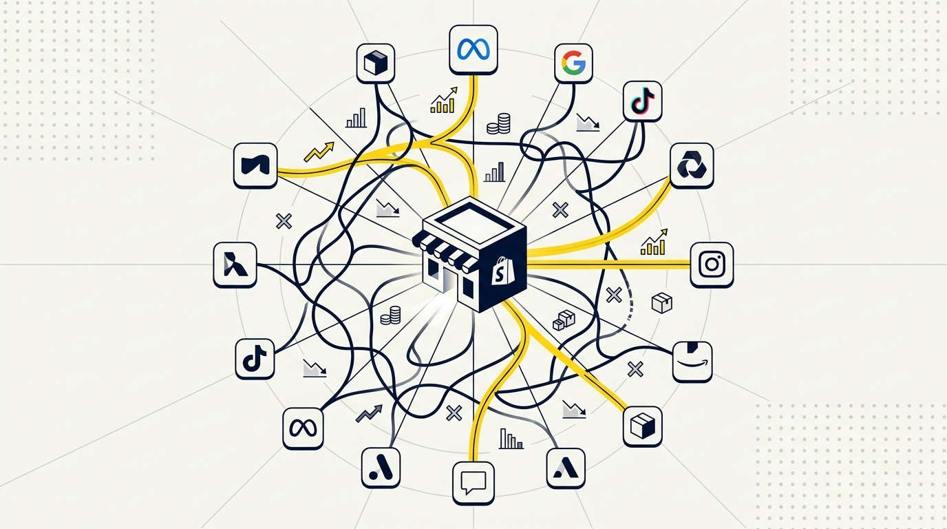 A flat editorial illustration showing a complex marketing attribution funnel simplified by AI.