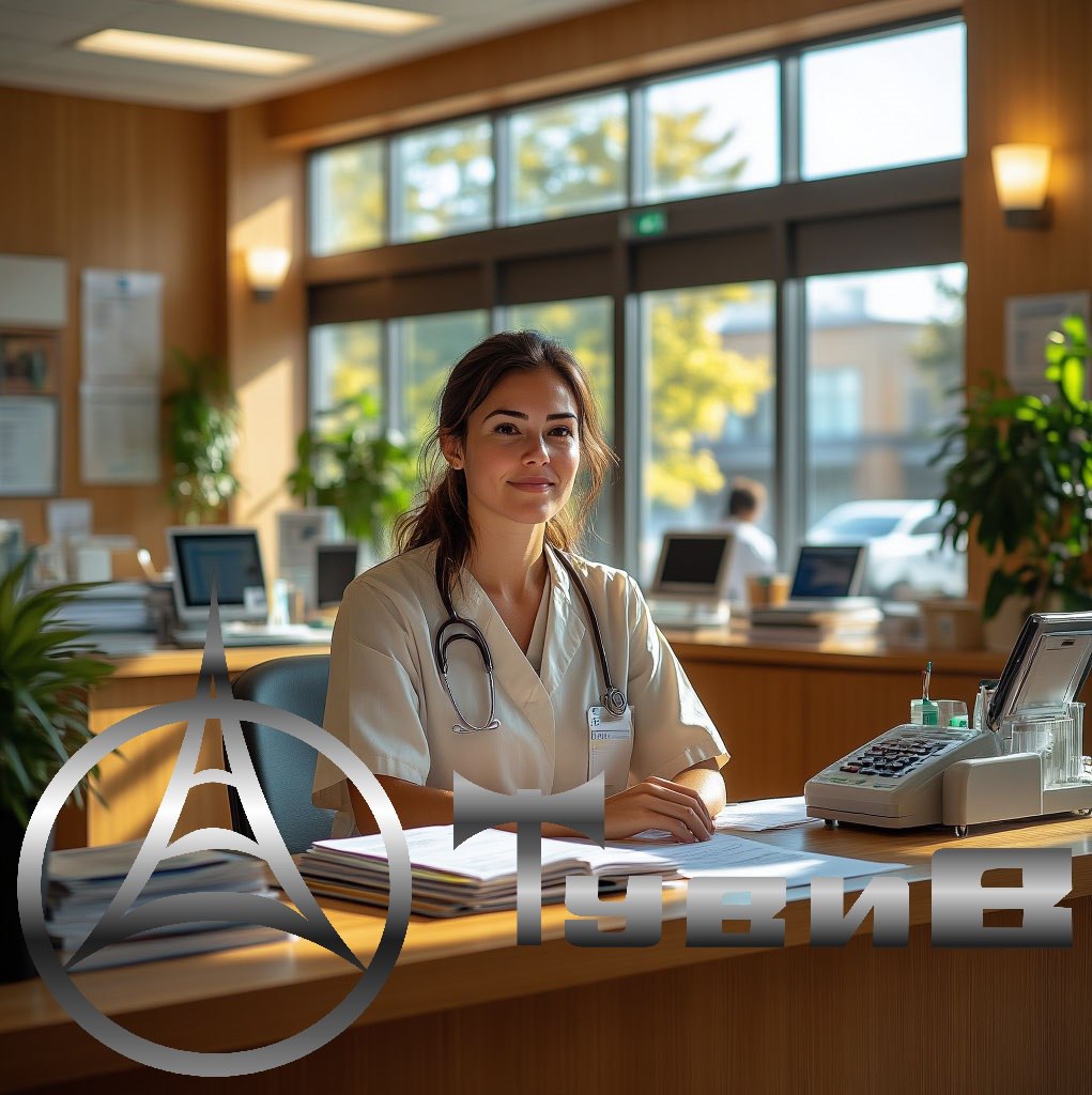 Женщина в белом халате сидит за столом, внимательно изучая материалы