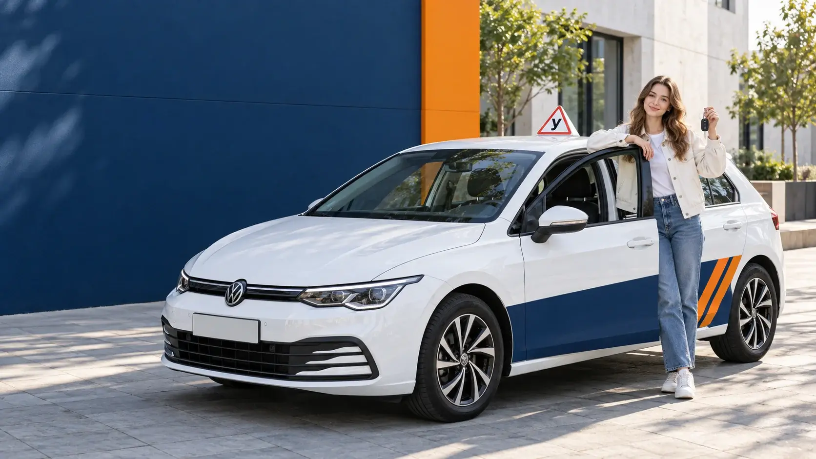 Ученица с ключами рядом с учебным автомобилем