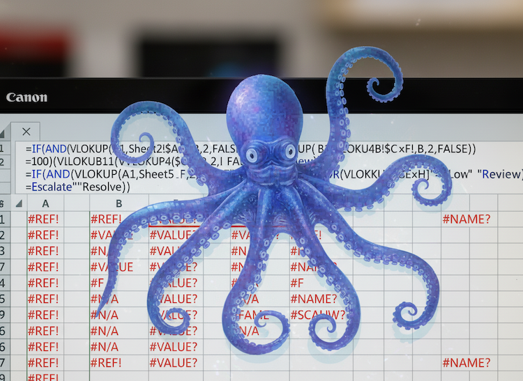 Excel sheet with a purple octopus highlighting the complexity