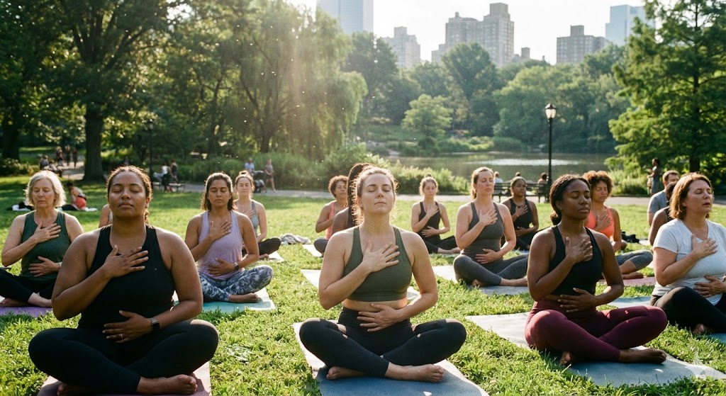 Группа людей занимается дыхательной гимнастикой и йогой в парке в честь Всемирного дня легких. 