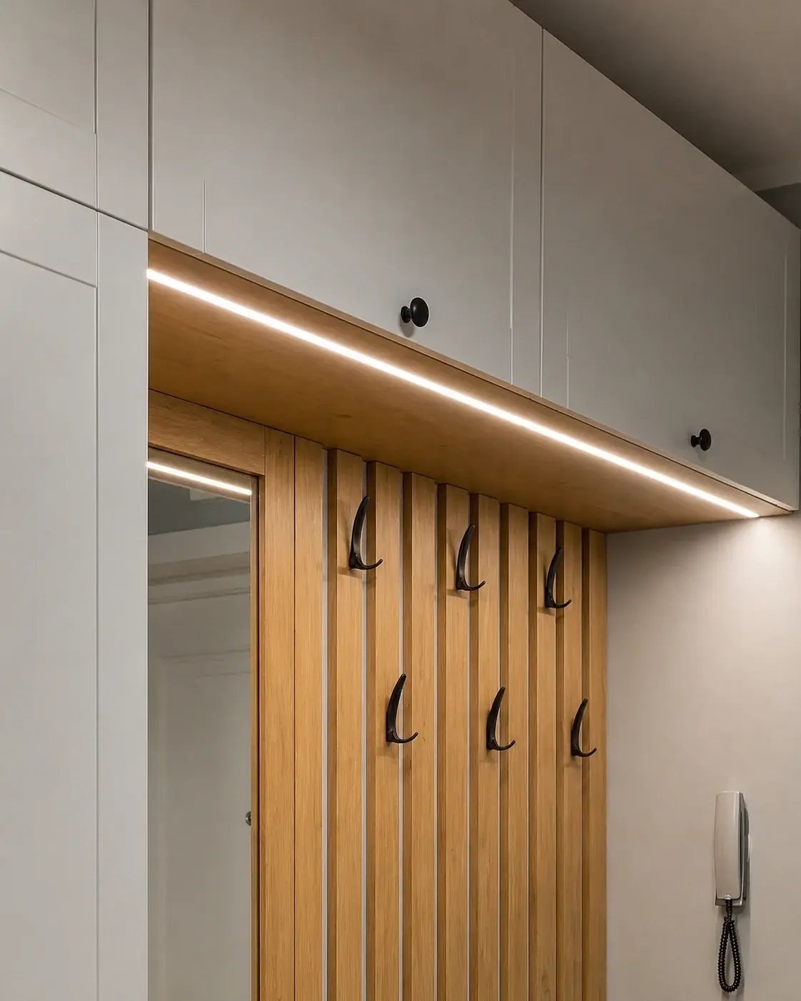 Крупный план встроенной LED-подсветки над декоративными деревянными рейками и крючками