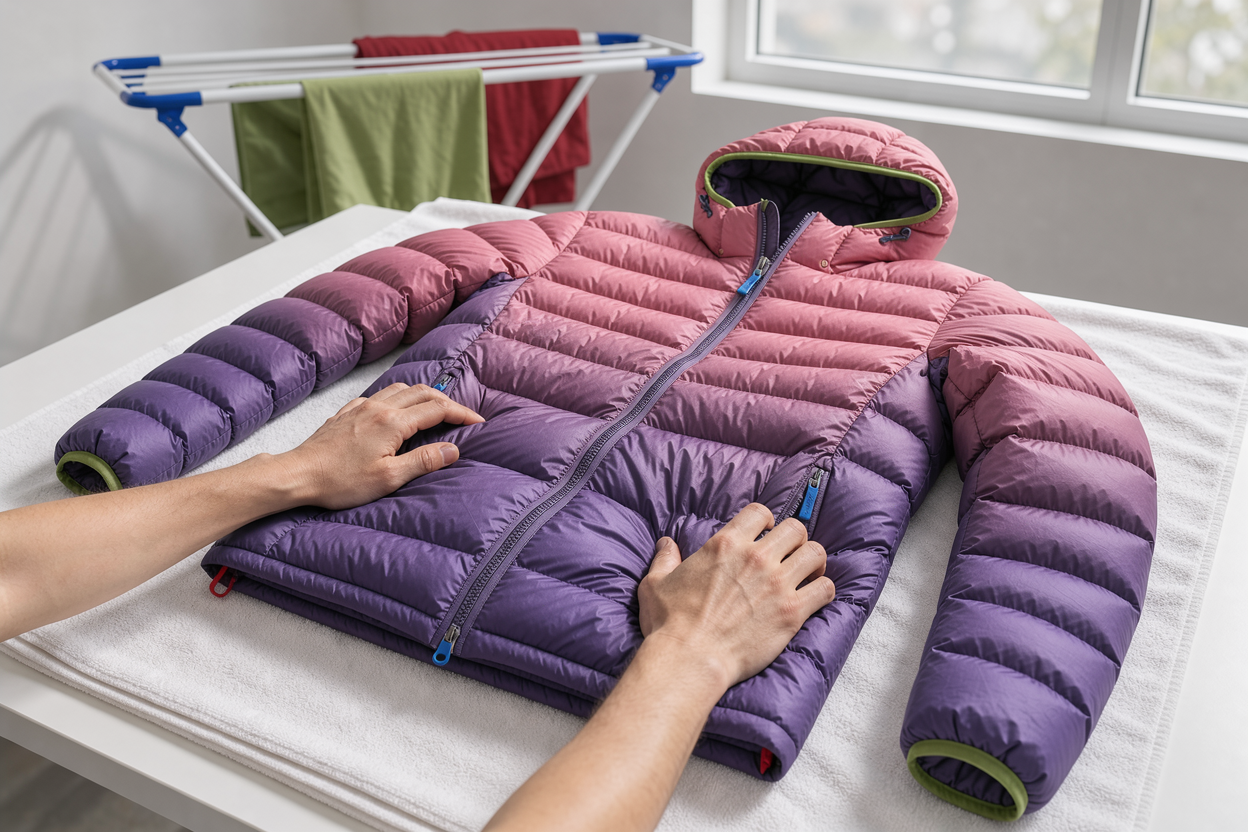 A winter jacket laid flat on a towel indoors for horizontal drying, hands fluffing the down through the fabric to restore loft, drying rack and window in background