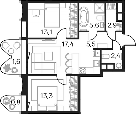 2-комн. — 62 м²