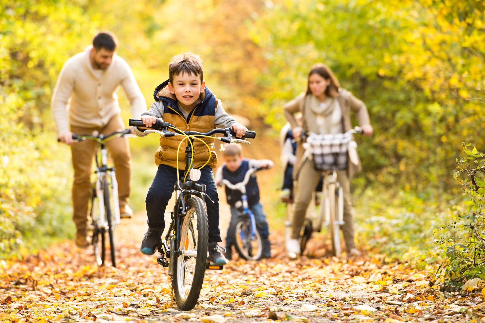 Семья на велосипедах на природе