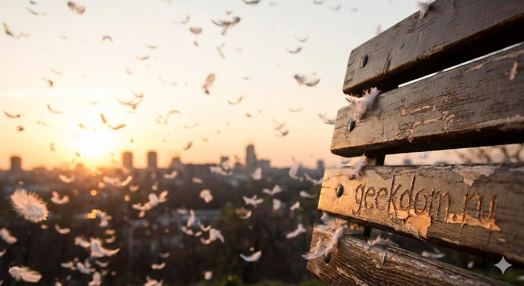 Атмосферный кадр с летающими перьями на закате после битвы подушками