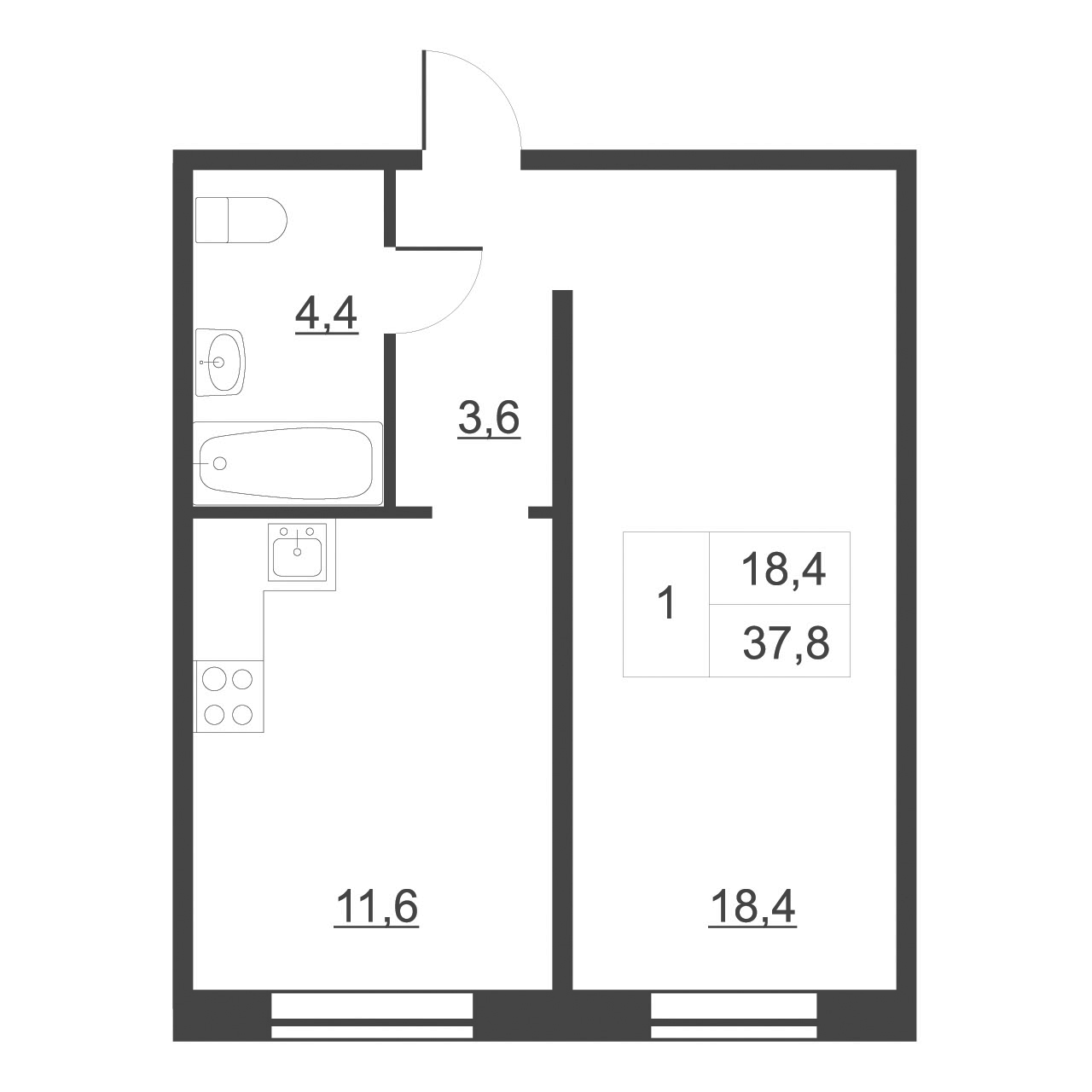 Планировка 1-к.кв 39.1 м², Дом на набережной. Атлантика, кв. 183