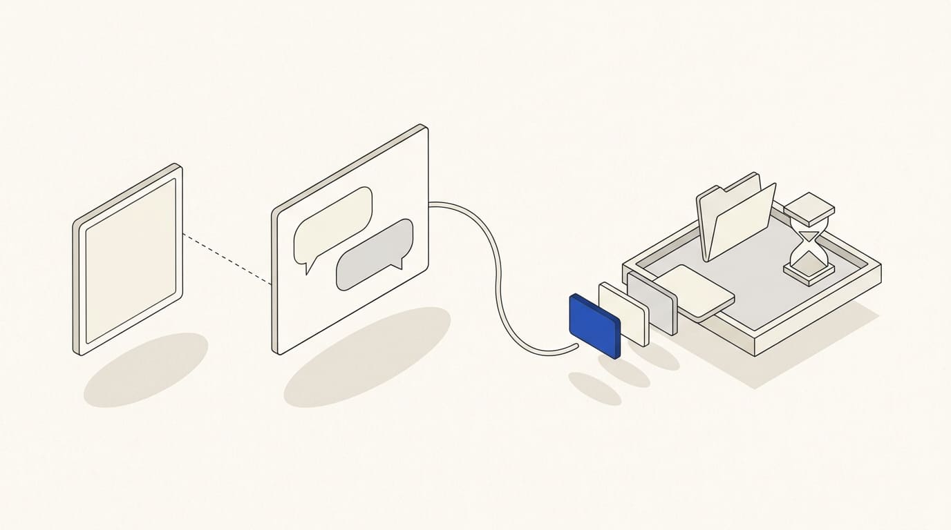 An advertising tile leads to a conversation, enquiry cards and a handling console with an hourglass and context folder.