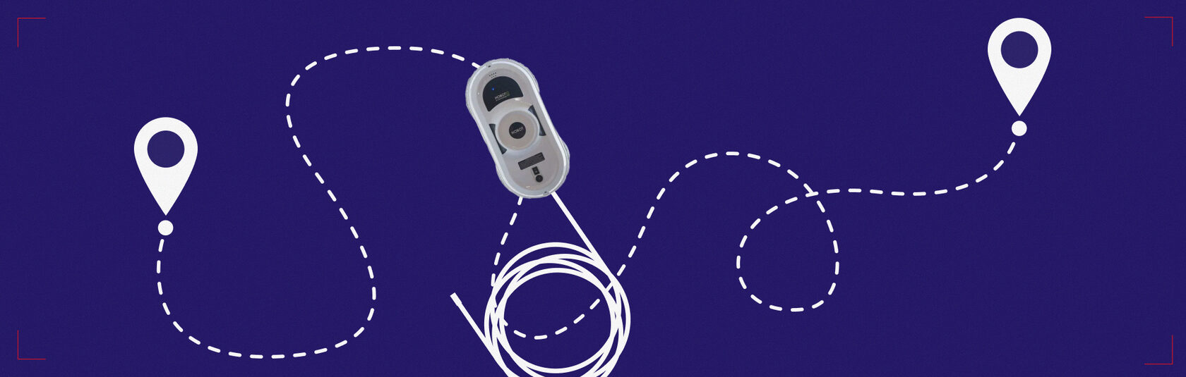 Робот для мойки окон с кабелем и схемой траектории движения на экране