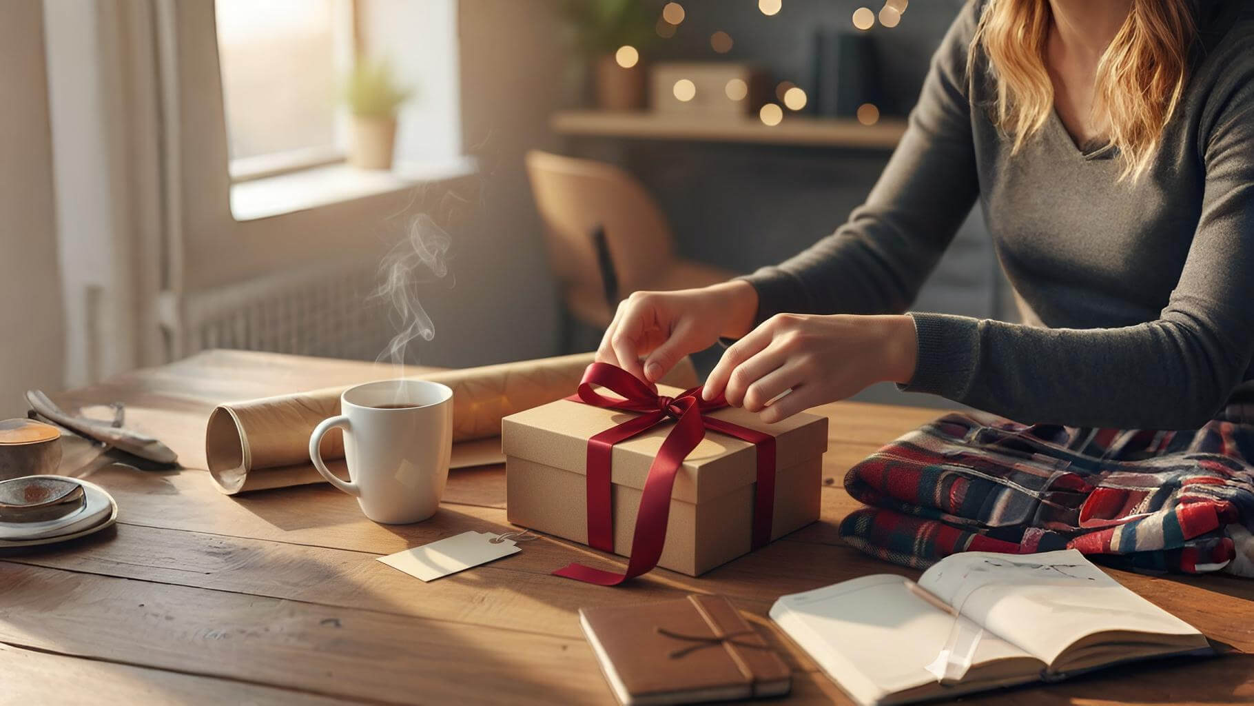 Фирменные новогодние корпоративные подарки — кружка, календарь, ежедневник и упаковка в корпоративных цветах.