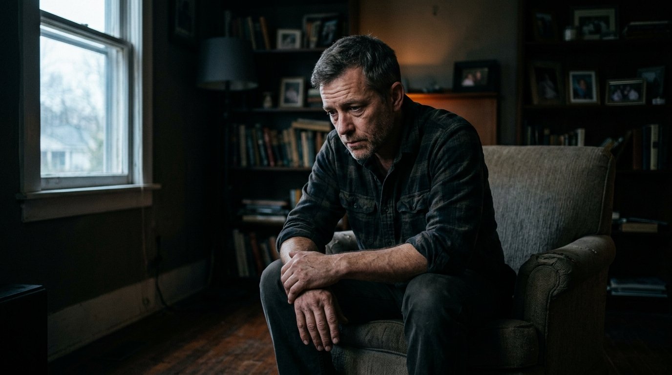 Мужчина средних лет сидит один в тёмной комнате, опустив голову — иллюстрация эмоциональных симптомов кризиса среднего возраста