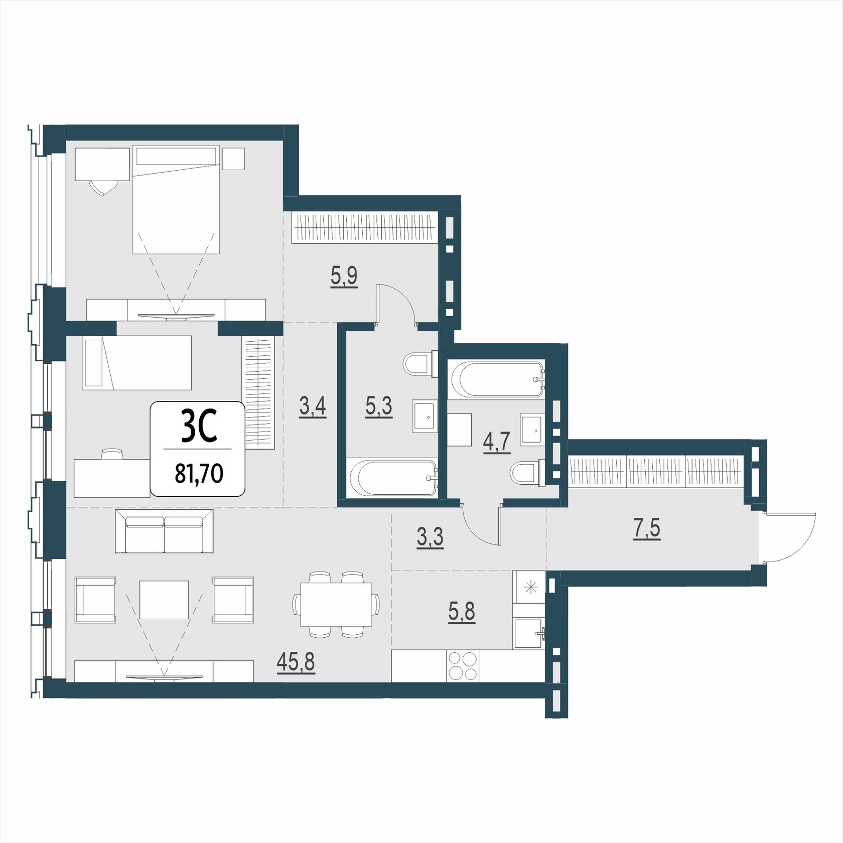 Планировка: 3-комнатная квартира-студия, 81,7 м²