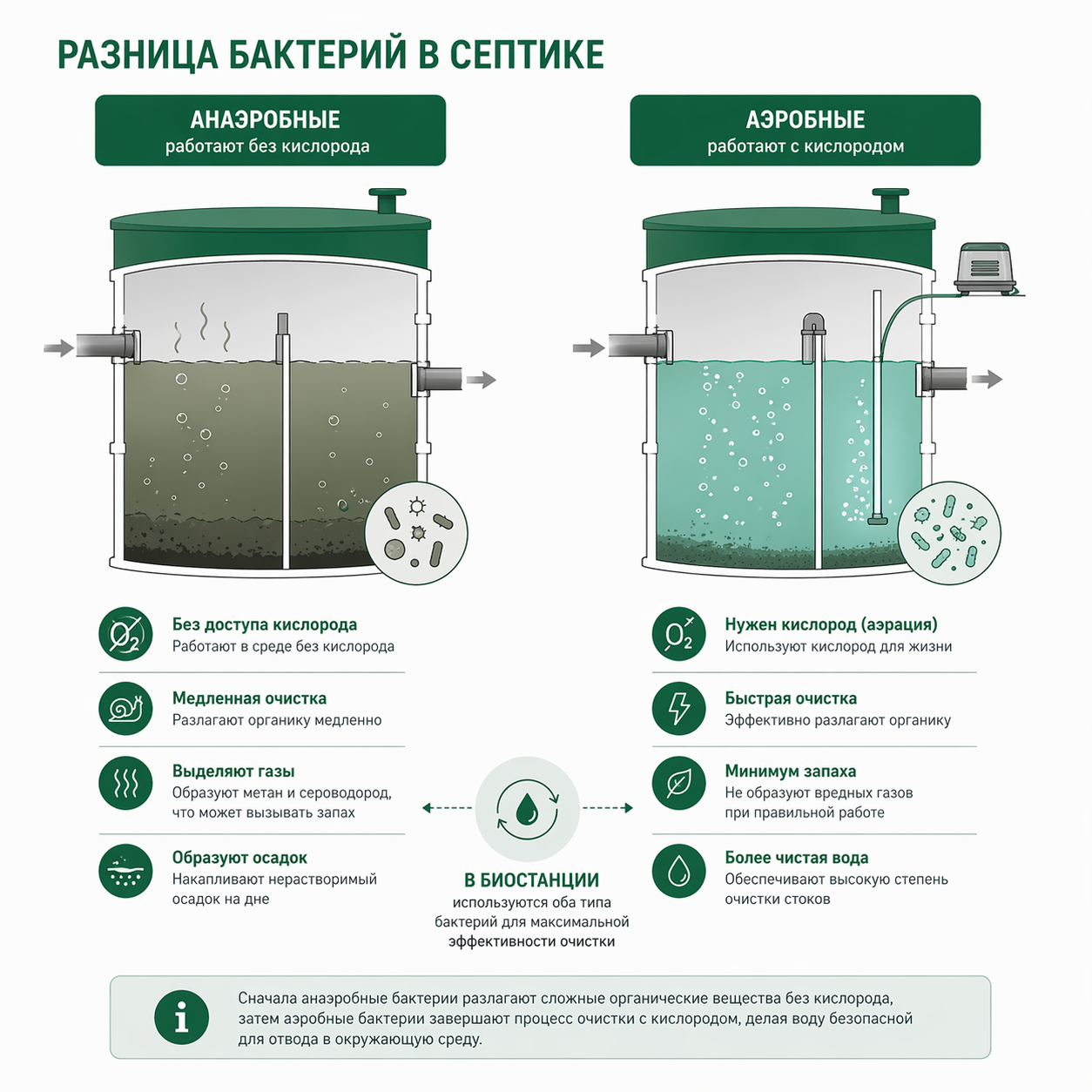 Принцип работы септика, отличие анаэробных от аэробных бактерий, отличие биостанции от переливного септика