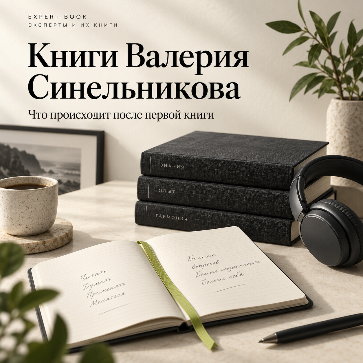 Книги Валерия Синельникова: редакционная композиция с книгами, блокнотом и наушниками
