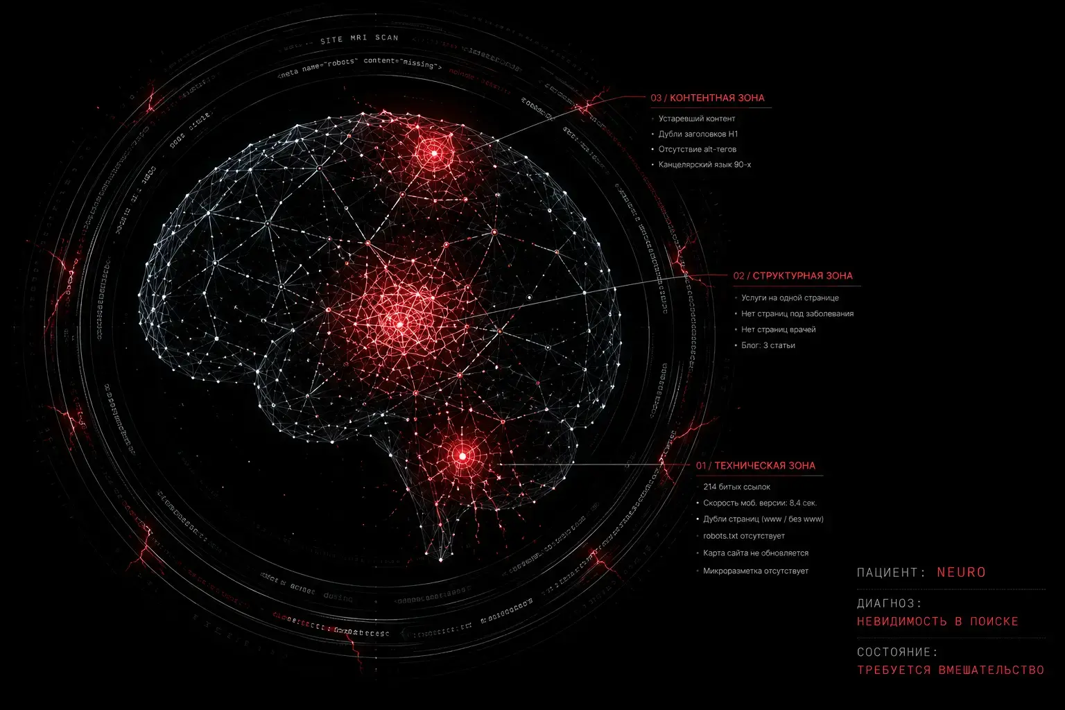 Результаты технического аудита сайта NEURO 214 битых ссылок дубли страниц отсутствие robots txt и Schema.org