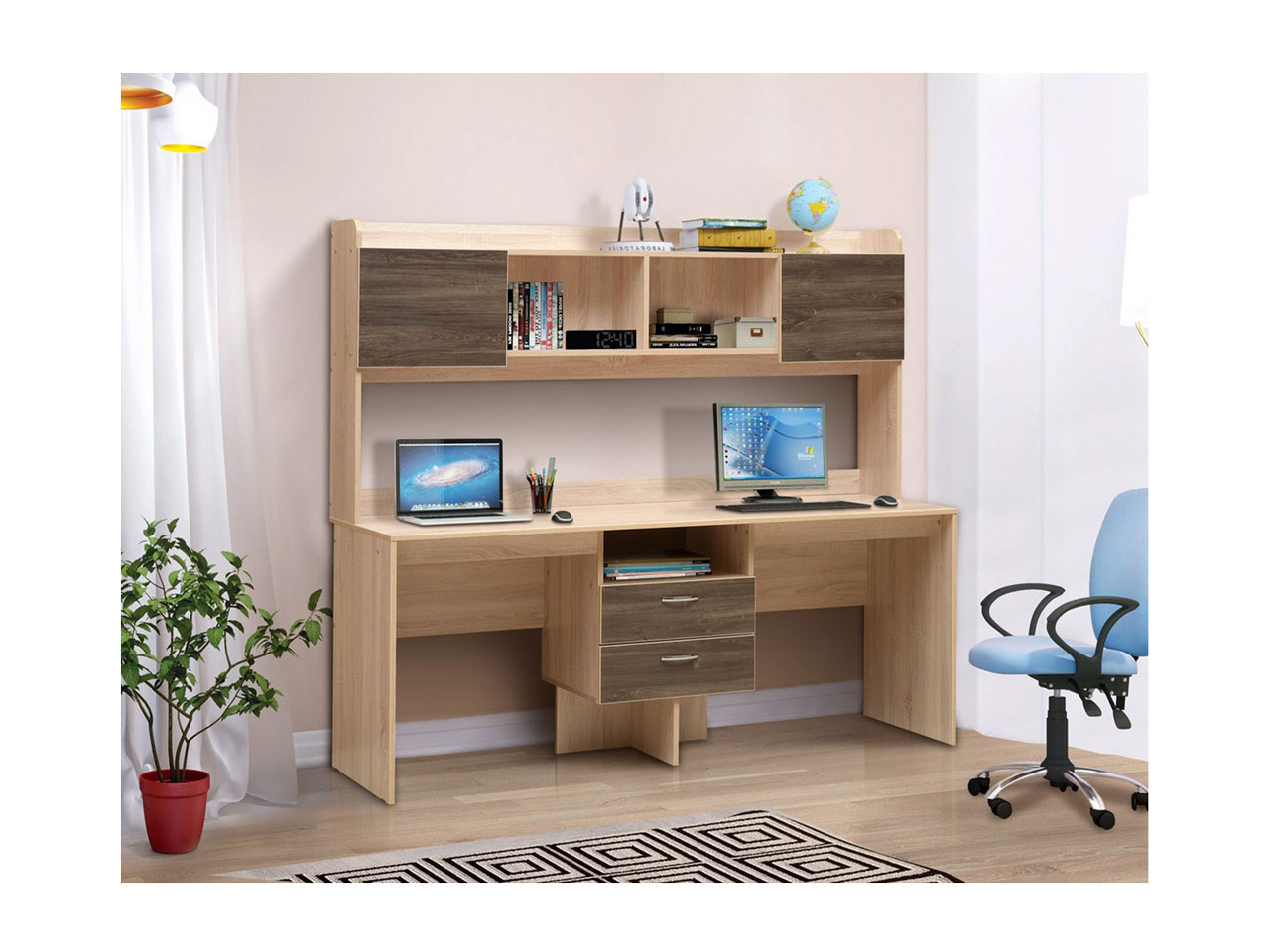 Письменный стол для двоих детей с надстройкой и шкафчиками