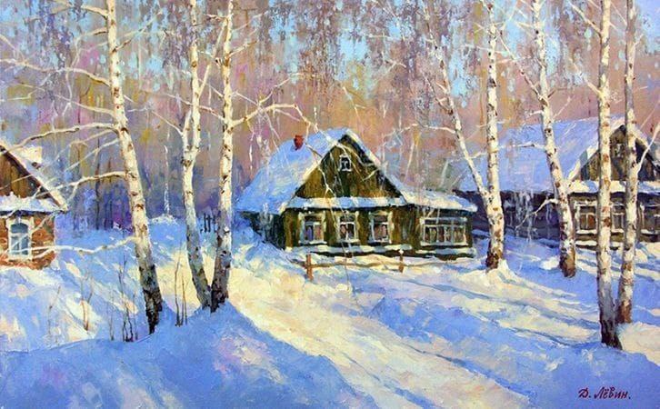 Зимняя деревенская улица в берёзах с заснеженной избой