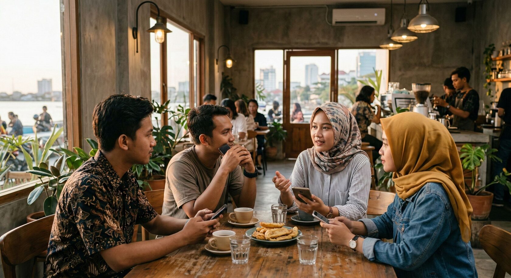 Anak muda berdiskusi di kafe sambil menggunakan ponsel, menggambarkan penerapan siri’ na pesse dan etika komunikasi di era digital