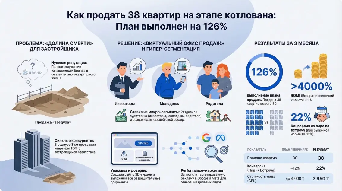 Инфографика: результаты продвижения застройщика от Метриум с выполнением плана продаж на 126% за три месяца