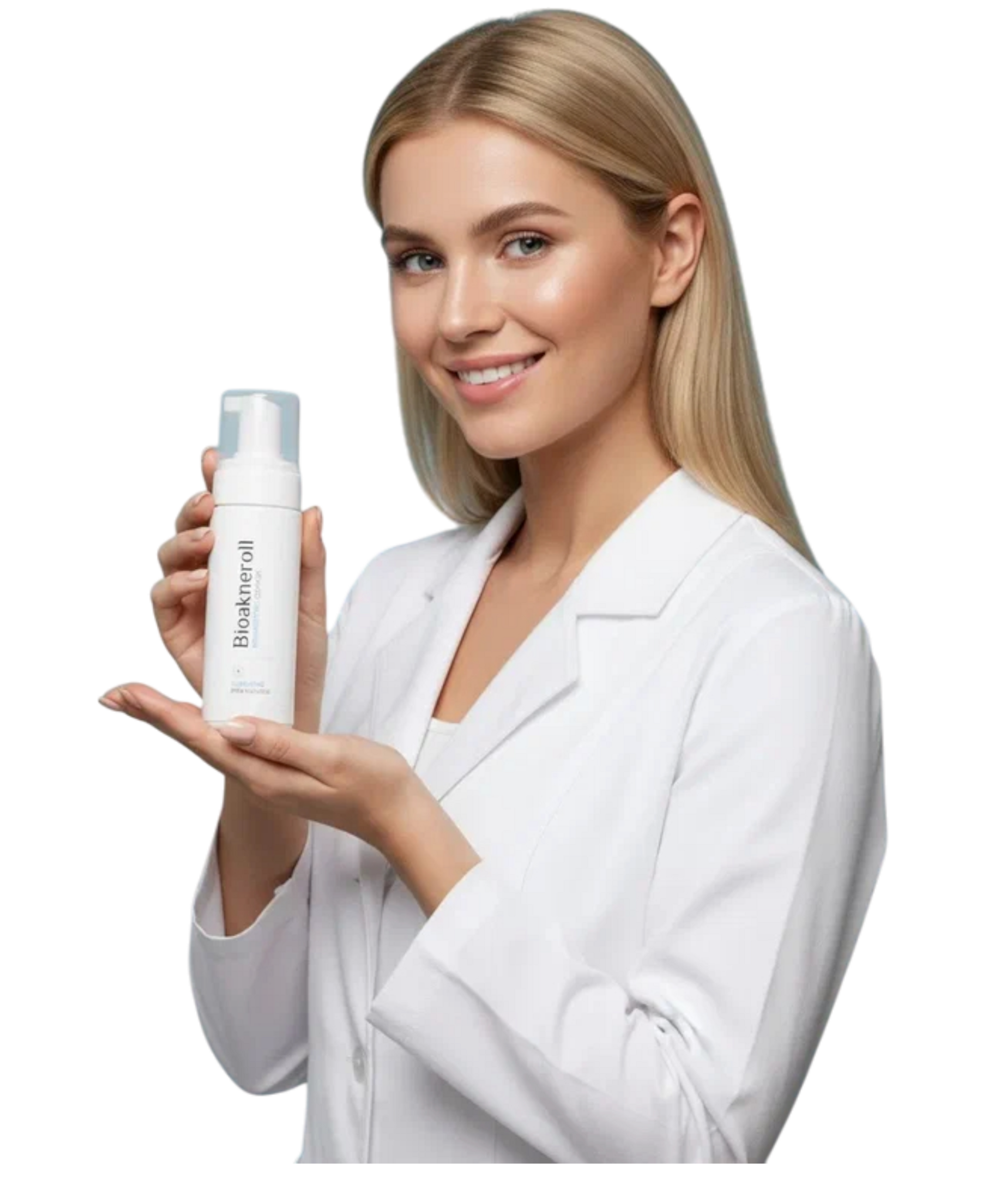 Косметолог в белом халате с продукцией BIOAKNEROLL