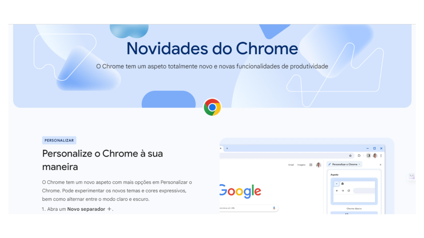 Apresentação do site do google sobre as novidades referente ao navegador Chrome